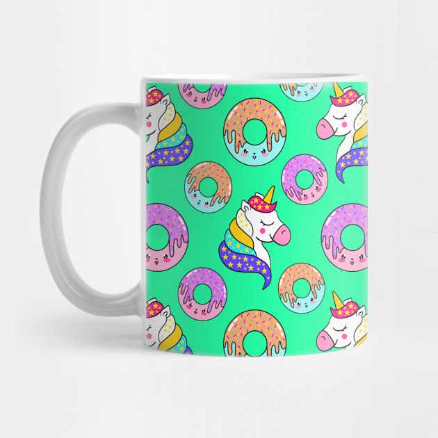 Cute happy funny colorful dreaming magical fantasy unicorns, sweet yummy Kawaii adorable donuts cartoon pastel green pattern design. by IvyArtistic